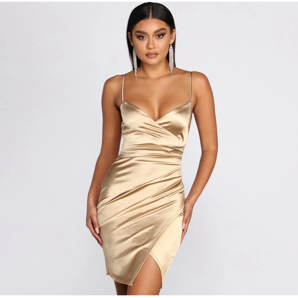 Windsor Gold Ruched Asymmetrical Bodycon Dress